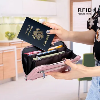 Site-ul anti rfid portofel din piele pentru femei ambreiaj telefon de portofel lung din piele pungă de card de credit cazul geanta cu bani mame cadou de ziua