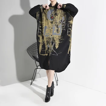 [MEM] Femei Negru Răpăit de Imprimare Split de Dimensiuni Mari Rochie Nouă Rever cu Maneci Lungi Vrac se Potrivi Moda Primavara Toamna anului 2021 1M92501