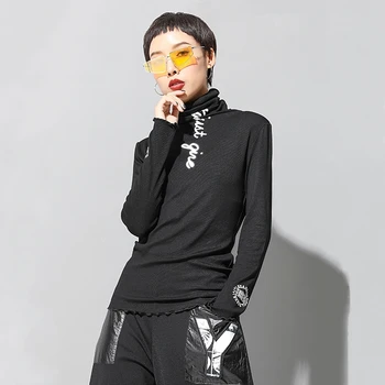 Femeile Scrisoare De Imprimare Negru Cu Maneci Lungi T-Shirt Noi Guler De Moda Temperament Tricouri Topuri Casual, Haine De Primavara Toamna Anului 2021