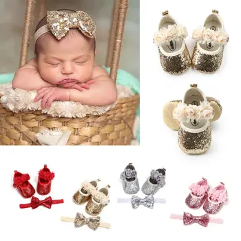 0-18M Copil Nou-născut Fete Crib Pantofi Bentita Printesa Bling Sclipici Paiete PU 3D Floare Trandafir Pantofi pentru Copii