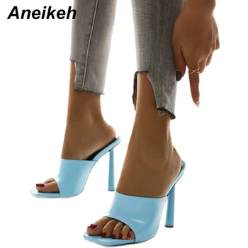 Aneikeh Retro Doamnelor Pantofi de Partid Catâri Cap Peep Toe Subțire Cutat cu Toc de Moda Aluneca Pe Femei Papuci Albastru NOU 2021 Vara