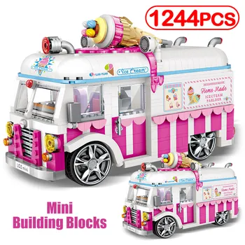 1244pcs Van Înghețată Tort de Autobuz Camion Mini Blocuri de Învățământ Creator Prieteni DIY Masina Roz Cifre Cărămizi Jucarii pentru Fete