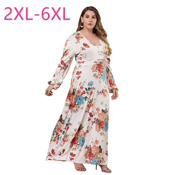 Nouă primăvară de toamnă plus dimensiune glezna lungime rochie pentru femei, cu maneci lungi vrac florale albe flori de imprimare rochie lunga 3XL 4XL 5XL 6XL