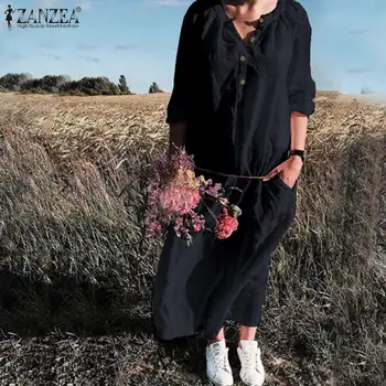 2021 ZANZEA Elegant Tricou de Bumbac Rochie de Vara pentru Femei Sarafan Casual V Gatului Maneca Lunga Maxi Vestidos de sex Feminin Butonul Halat Tunica