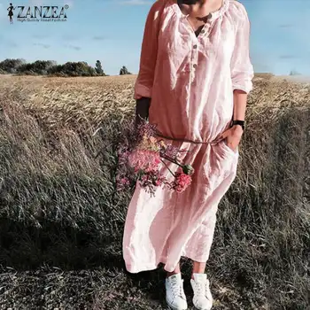 2021 ZANZEA Elegant Tricou de Bumbac Rochie de Vara pentru Femei Sarafan Casual V Gatului Maneca Lunga Maxi Vestidos de sex Feminin Butonul Halat Tunica