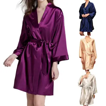 Femei Imitație De Mătase Scurt Kimono-Halat Halat Deschisă Față De Culoare Solidă Vrac Domnisoara De Onoare Halat De Baie Centură Sleepwear