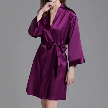 Femei Imitație De Mătase Scurt Kimono-Halat Halat Deschisă Față De Culoare Solidă Vrac Domnisoara De Onoare Halat De Baie Centură Sleepwear