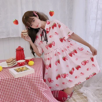 Noi Japonez De Căpșuni Dulce Lolita Rochie Femei Kawaii Imprimate Mâneci Scurte Rochie Zână Moale Sora Tea Party Rochii De Printesa