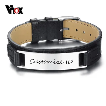 Vnox Nou design Elegant pentru Bărbați Brățară din Piele Neagră Gratuit Gravare 12MM Personalizate ID Pulseira Masculina Lungime Reglabilă