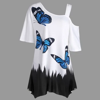 Bluze De Vara Pentru Femei Fluture Imprimat Tee Pe Un Umăr Neregulate Top Femei Plus Dimensiune Vrac Tee Top Streetwear