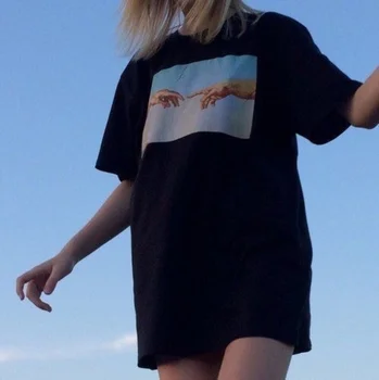 PUTEAI-JBH Moda de Vara Michelangelo Mâinile Imprimate T-Shirt Femei Tumblr Grunge Graphic Tee Casual Negru Supradimensionat Topuri