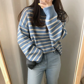 2 culori 2019 iarna stil coreean dungă cald și jumătate tricotate pulovere cu guler femei pulovere și pulovere (C9397)