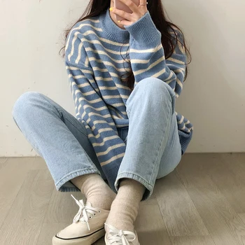 2 culori 2019 iarna stil coreean dungă cald și jumătate tricotate pulovere cu guler femei pulovere și pulovere (C9397)