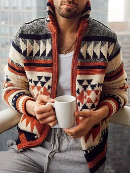 Toamna și iarna cald stil casual barbati jacheta cardigan jacard cu maneci lungi rever liber unită pulover pulover