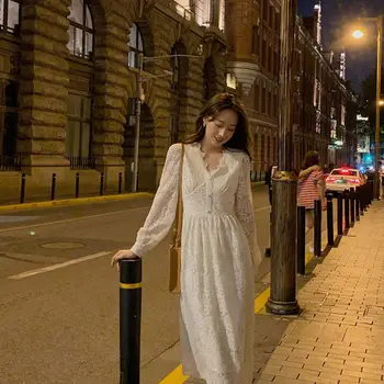 Dantela eleganta cu Maneca Lunga Rochie Midi Alb de Iarna Femei V-neck Rochie coreeană Primăvară-O bucată de Seara Doamna Partid Rochie Zână 2021