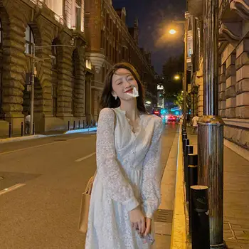 Dantela eleganta cu Maneca Lunga Rochie Midi Alb de Iarna Femei V-neck Rochie coreeană Primăvară-O bucată de Seara Doamna Partid Rochie Zână 2021