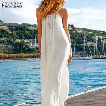 ZANZEA 2021 Sundress Vară Femei rochițe scurte fără mâneci Rochie Lady Maxi Lung Bumbac Vestidos Ocazional fără Mâneci Buzunare Rochii de Tancuri Halat 5XL