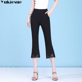 2020 Alb Pantaloni-Clopot Fund Femei de Înaltă Talie elastic Pantaloni Flare Nou Slim Casual dantela mozaic Munca Purta Pantalon Femme