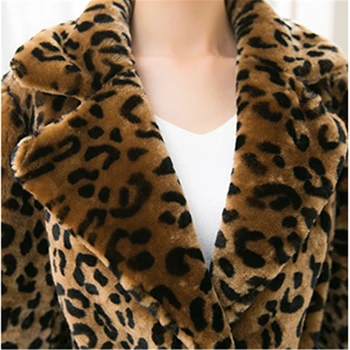 Mid-Lungime Leopard Femei Haină de Blană 2021 Toamna Iarna Costum de Guler cu Mâneci Lungi Dantelă-Up Talie Imitând Blana jacheta de sex Feminin Uza