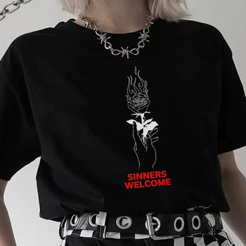 Flaming Rose Print Supradimensionat Dark Goth Tricou Egirl Punk Streetwear Grafic Tricouri Femei Grunge Estetice Gotic T-shirt Tumblr Sus