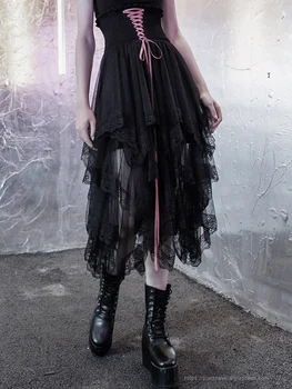 PUNK RAVE Fată Gotic China Stil Negru Talie Dantelă Ochiurilor de Cusut Mid-lungime Fusta Neregulate Talie Mare pentru Femei Fuste