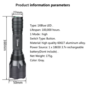 10000 Lumeni Albastru/Rosu/UV/Verde Tactice de Vânătoare Lanterna Portabil Gri rezistent la apa arma Arma de Lumini 1 Modul