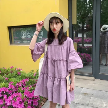 Femei Casual Gât Rotund Flare Maneca Vrac Rochie Mini Coreea Drăguț Alb Violet Doll Dress Femeie Dulce De Vară Rochii Scurte