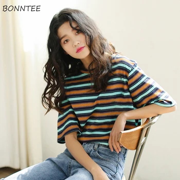 Tricouri Femei cu Dungi O-Gât Stil coreean de Înaltă Calitate Femeie Frumoasă Elevii Casual pentru Femei de Vară Respirabil Moale Doamnelor 2020