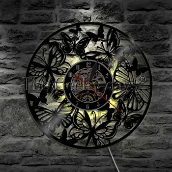 Fluture Tăiat Cu Laser Disc De Vinil Ceas De Perete Fluturi Vintage Handmade Creative Agățat Ceas De Perete Decor Acasă