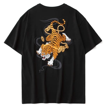 Lyprerazy Bărbați Harajuku Brodate Tigru T-Shirt Streetwear Moda Chineză Largi, Din Bumbac Tricou Casual Topuri Tricouri