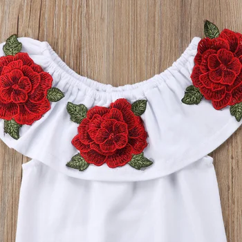 Moda de vara Copilul copil Fete 2OCS Print Floral Pe Umăr Petală Maneca Alb T-Shirt, Blaturi Arc Roșu-Linie Fuste