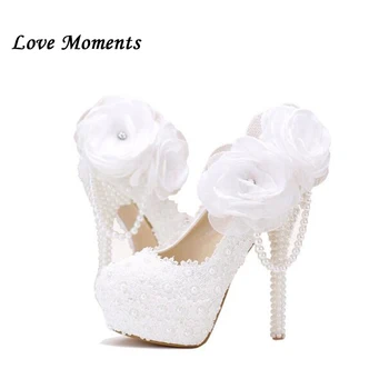 Noi dulce dantelă albă de flori de nunta pantofi cu toc pentru femei pantofi de partid performanta platforma pantofi de mireasa pompe Doamnelor pantofi