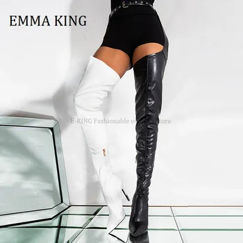 Rihanna Style Femei Peste Genunchi Cizme Alb Negru Talie Cu Centură Coapsei Picioare Cizme Înalte Sexy Si Damele De Petrecere Cataramă Pantofi Cu Toc Inalt