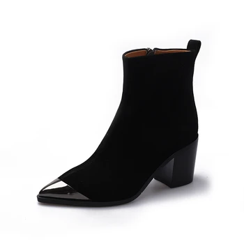 2020 Moda Naturale din Piele Cizme Femei de Metal a Subliniat Deget de la picior Doamnelor Glezna Cizme pentru Femei cu Toc Patrat Toamna/iarna Pantofi