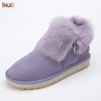 INOE moda reală piele de oaie piele de căprioară căptușite cu blană femei blană de iepure de iarnă scurt glezna cizme de zapada pentru fete cu fermoar pantofi de iarna