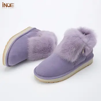 INOE moda reală piele de oaie piele de căprioară căptușite cu blană femei blană de iepure de iarnă scurt glezna cizme de zapada pentru fete cu fermoar pantofi de iarna