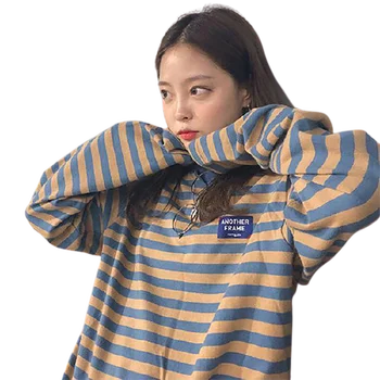 Coreeană Ulzzang O-Gât cu Dungi T-shirt Femei Casual cu Maneci Lungi Pierde T-Shirt de Culoare Bloc Retro Bumbac T-Shirt Femmal