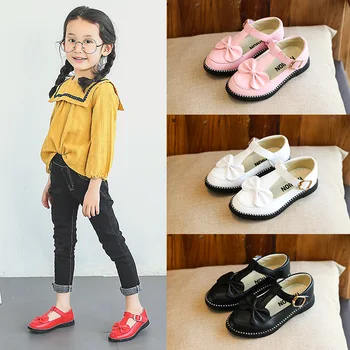 2020 Copii Pantofi Pentru Fete Printesa Pantofi Școală Din Piele Alb-Negru Gol Respirabil Arcul Copii Rochie De Petrecere Plat Pantofi Casual
