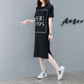 Coreeană Plus Dimensiune M-4XL Rochie de Vara Femei Maneci Scurte Scrisori de Imprimare T-shirtdress Casual, Rochii Midi Negru Vestido Summer2020