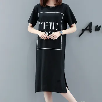 Coreeană Plus Dimensiune M-4XL Rochie de Vara Femei Maneci Scurte Scrisori de Imprimare T-shirtdress Casual, Rochii Midi Negru Vestido Summer2020