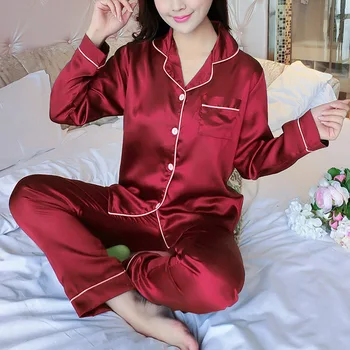 Femei Seturi De Pijamale De Mătase Faux Satin 2 Bucata Autum Femme Maneca Lunga, Pijamale Costum De Sex Feminin Homewear Pijamale Pijamas Lounge Purta