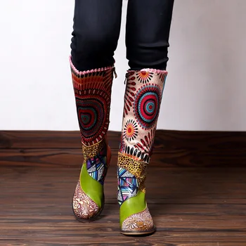 Brand de Moda Retro din Piele pentru Femei Cizme Stil Boem Genunchi ridicat Cizme Lungi pentru Femei Pantofi pentru Femeie Fermoar Vest Papuceii