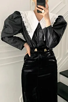 Primavara Toamna Pu Negru Din Piele Bluza Femei Mare Turn-Down Guler De Dantelă Singur Pieptul Cămașă De Sex Feminin Topuri Cu Maneci Lungi 2020 Moda