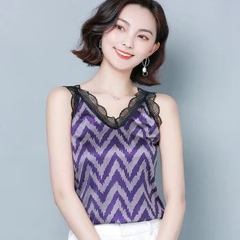 Coreea de Mătase Femei, Topuri Femei cu Dungi Camis Femei V-gât Lace Tancuri Topuri Femeile Satin fără Mâneci Top Femeie de Imprimare Camis Plus Dimensiune