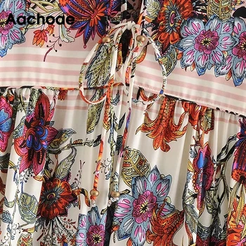 Aachoae Boho Florale Rochie Lunga De Toamnă De Primăvară 2020 Print Casual Rochie Plisată O Gâtului Gol Afară Vrac Rochie De Plaja Vestidos Mujer