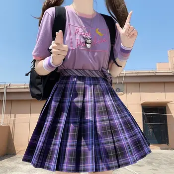 Femei Negru-Violet Goth Plisata Fusta Carouri Glir Înaltă Talie Mini Sexy Fuste Școală Japoneză Harajuku Cosplay Anime Costum De Marinar