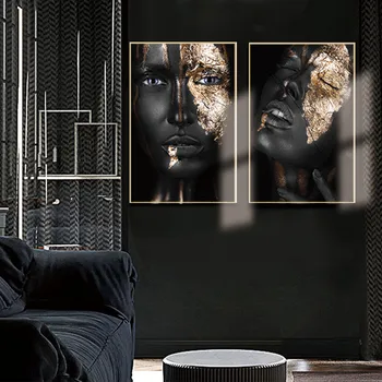African Cuadros Negru Și Aur Femeie HD, Ulei Abstract Tablou Print pe Panza de Artă Poster de Arta de Perete Imagini pentru Living Decorul Camerei