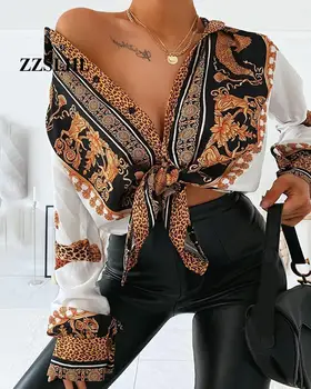 Baroc Leopard de Imprimare Tricou Casual pentru Femei de Turn-down Guler Maneca Lunga Bluza Casual Topuri Streetwear