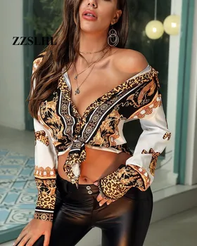 Baroc Leopard de Imprimare Tricou Casual pentru Femei de Turn-down Guler Maneca Lunga Bluza Casual Topuri Streetwear
