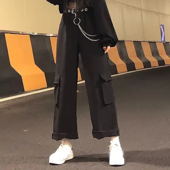 Rosetic BF Stil Largi Picior Pantaloni Femei Streetwear Rece Gothic Moda Stil Preppy Buzunare Jogger Trening Negru Vrac